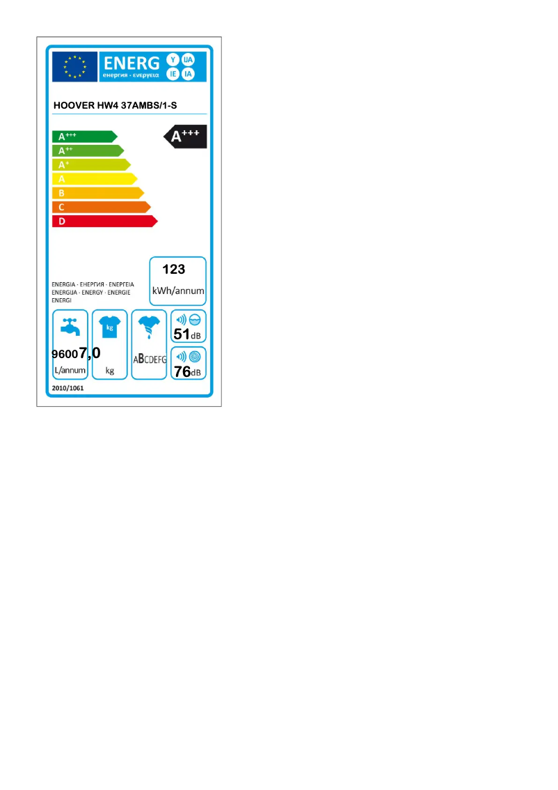 Page n°1 - Label énergétique Hoover HW4 37AMBS/1-S