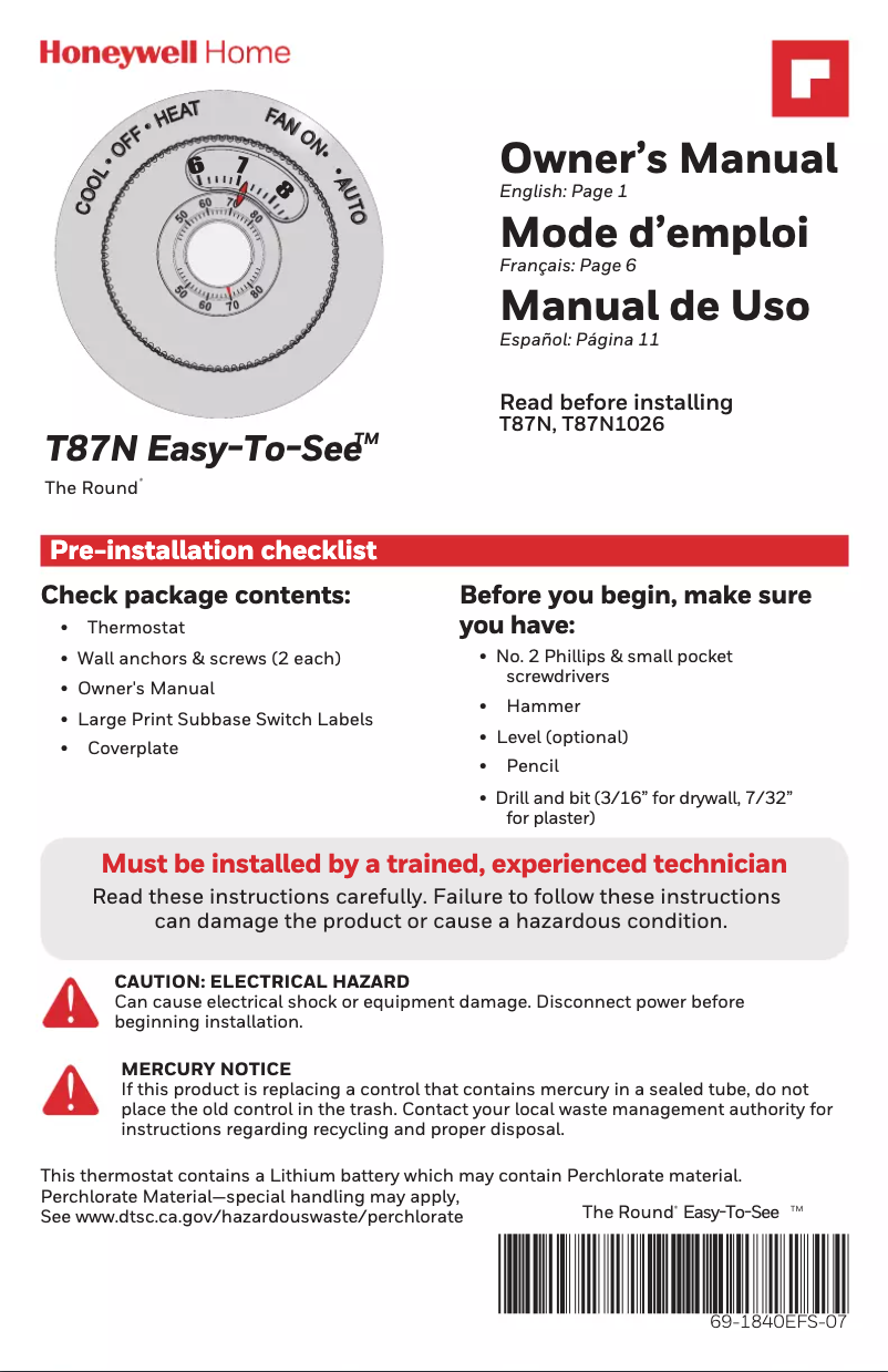 Page n°1 - Manuel utilisateur Honeywell CT87N1001/E1