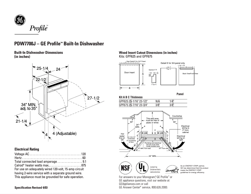 Page 1 de la notice Fiche technique GE Profile PDW7700JCC