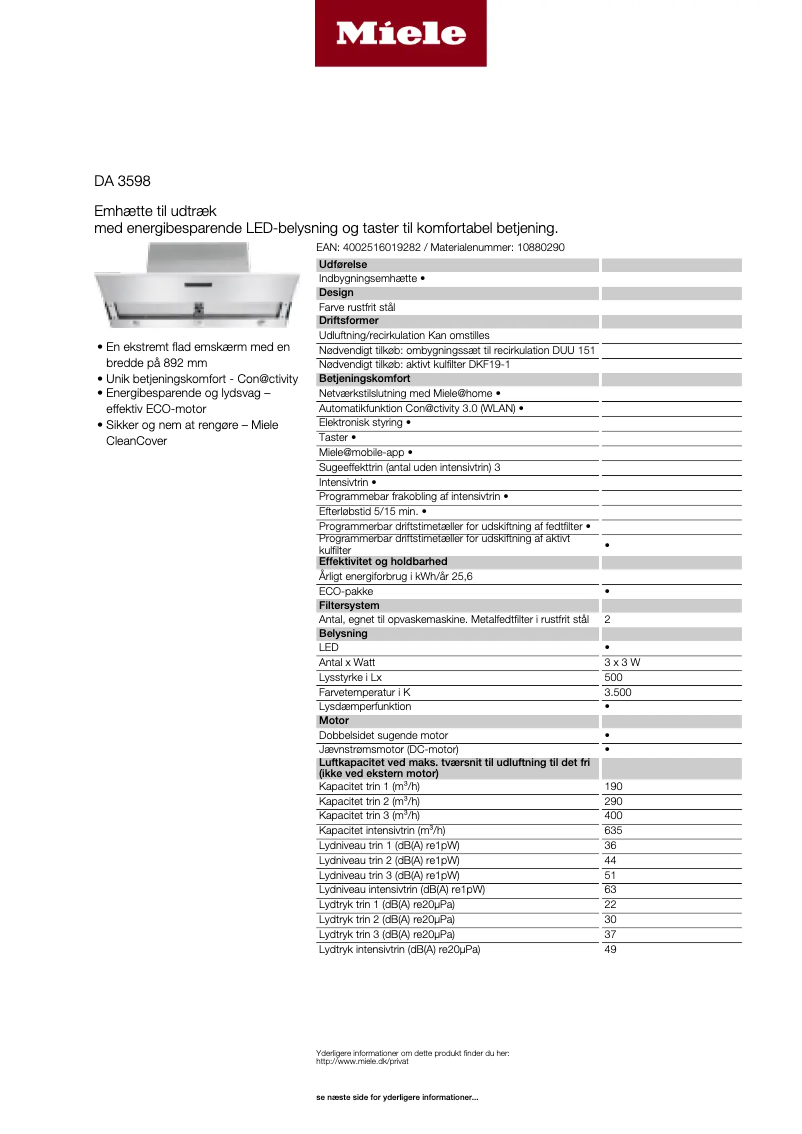 Page n°1 - Fiche technique Miele DA 3598