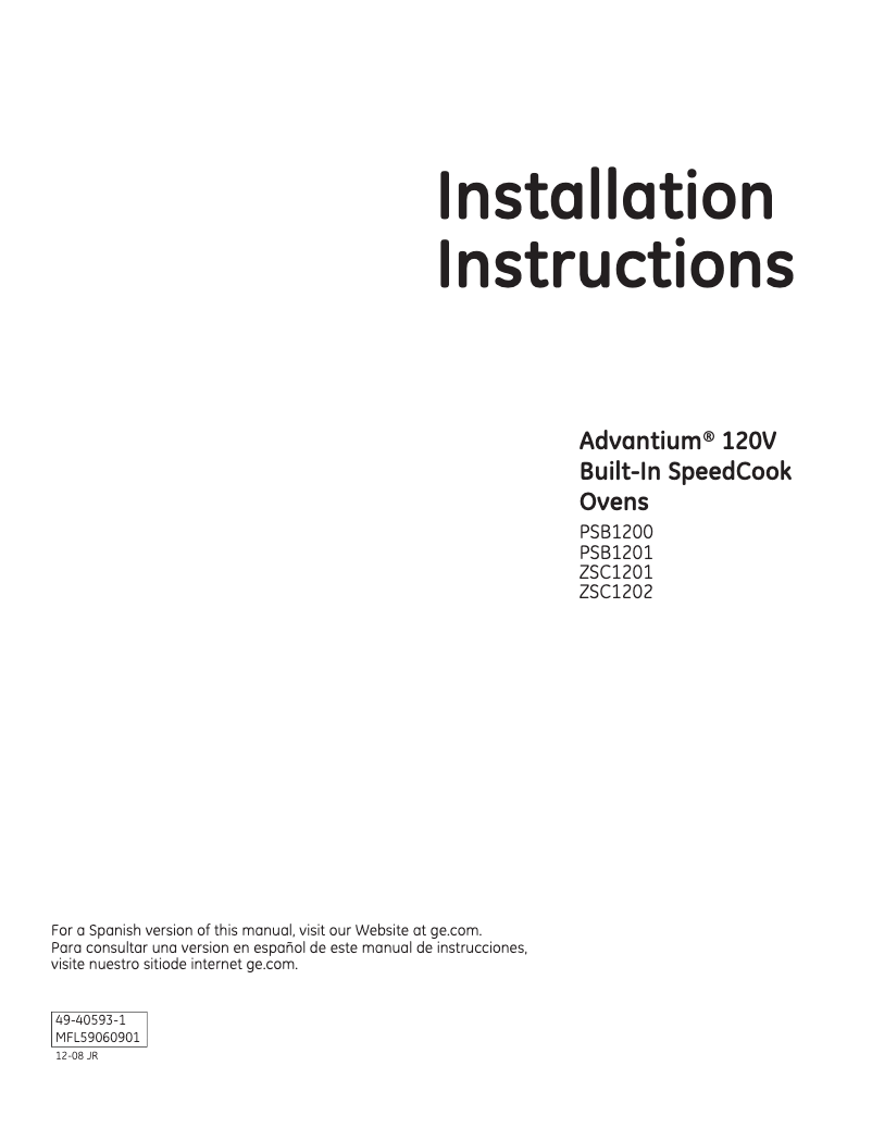 Page n°1 - Guide d'installation GE PSB1200NBB