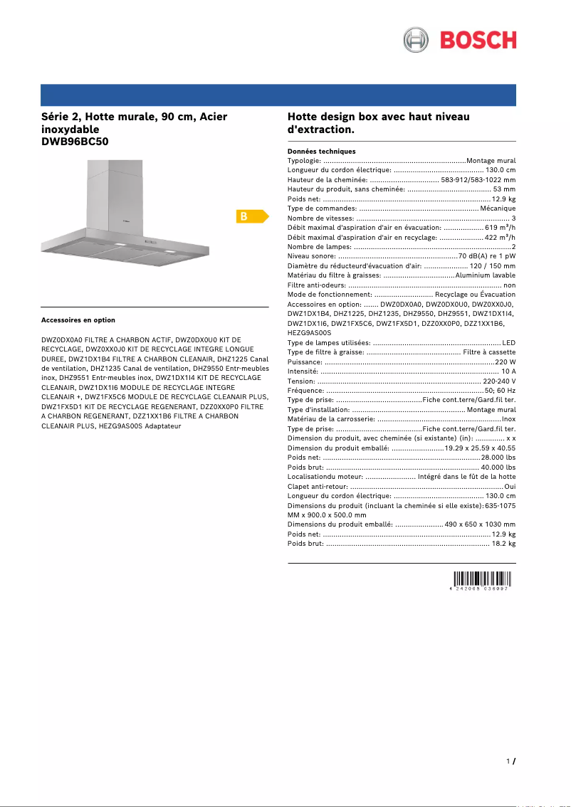 Página 1 del manual Ficha técnica Bosch DWB96BC50