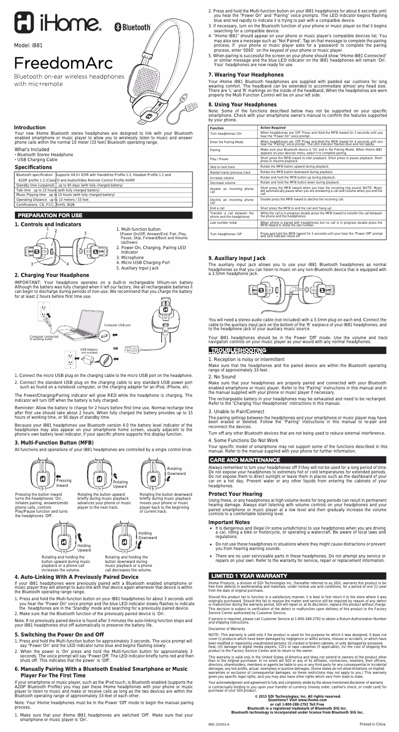 Page 1 de la notice Manuel utilisateur iHome FreedomArc iB81