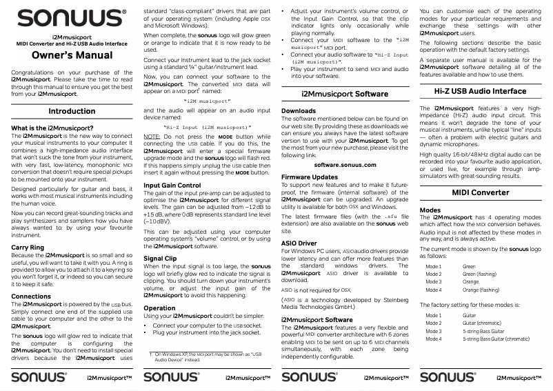 Page 1 de la notice Manuel utilisateur Sonuus i2M Musicport