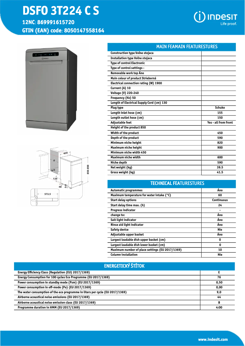 Page 1 de la notice Fiche technique Indesit DSFO 3T224 C S