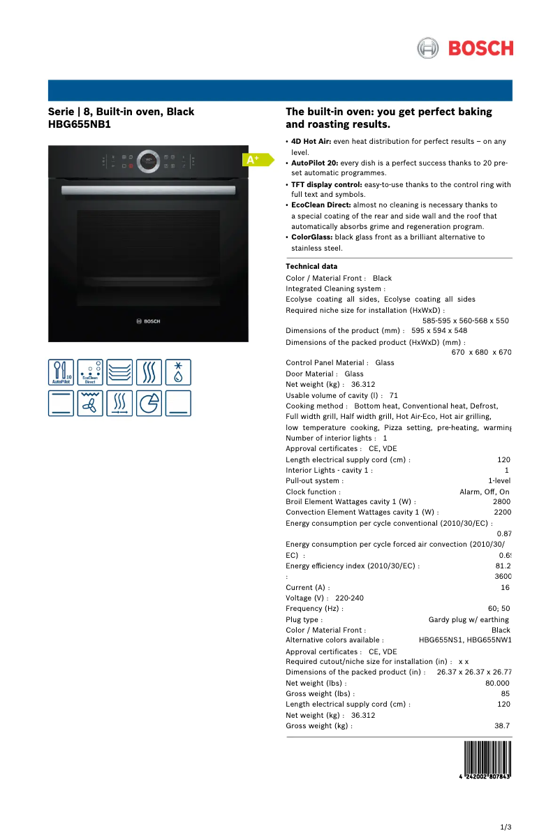 Page 1 de la notice Fiche technique Bosch HBG655NB1