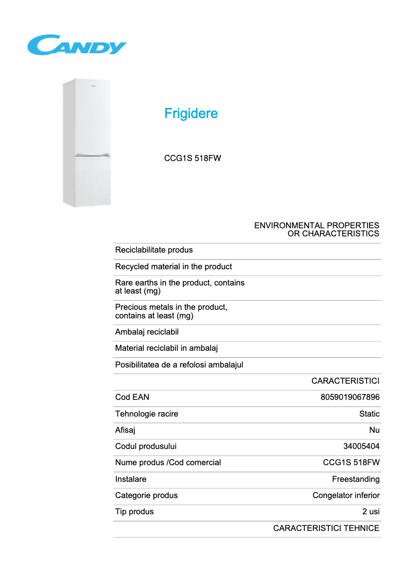 Page 1 de la notice Fiche technique Candy CCG1S 518FW