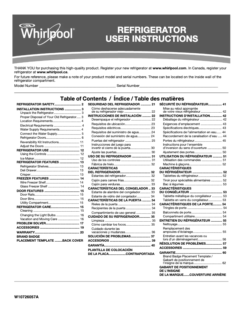 Page 1 de la notice Manuel utilisateur Whirlpool WRT104TFDW