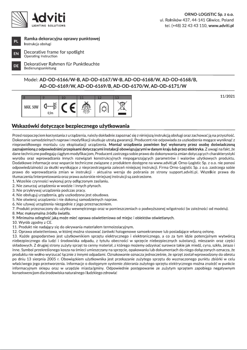 Page 1 de la notice Manuel utilisateur Adviti AD-OD-6170/W