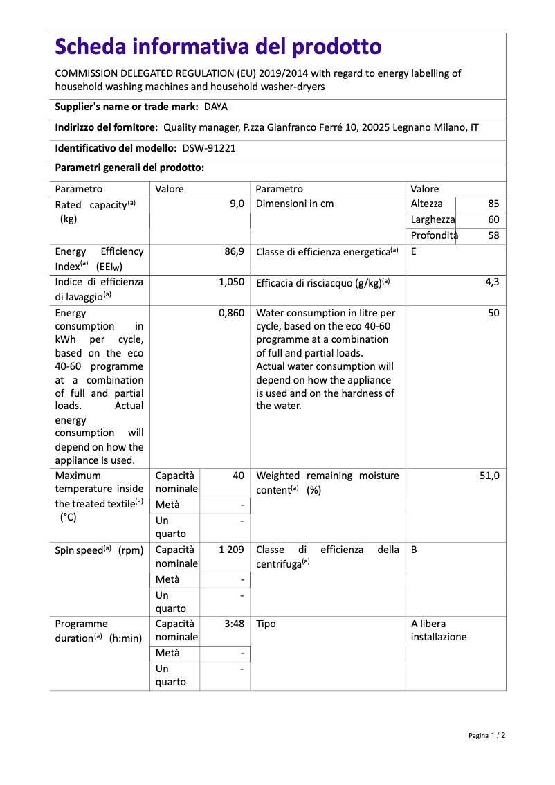 Page 1 de la notice Manuel utilisateur DAYA DSW-91221