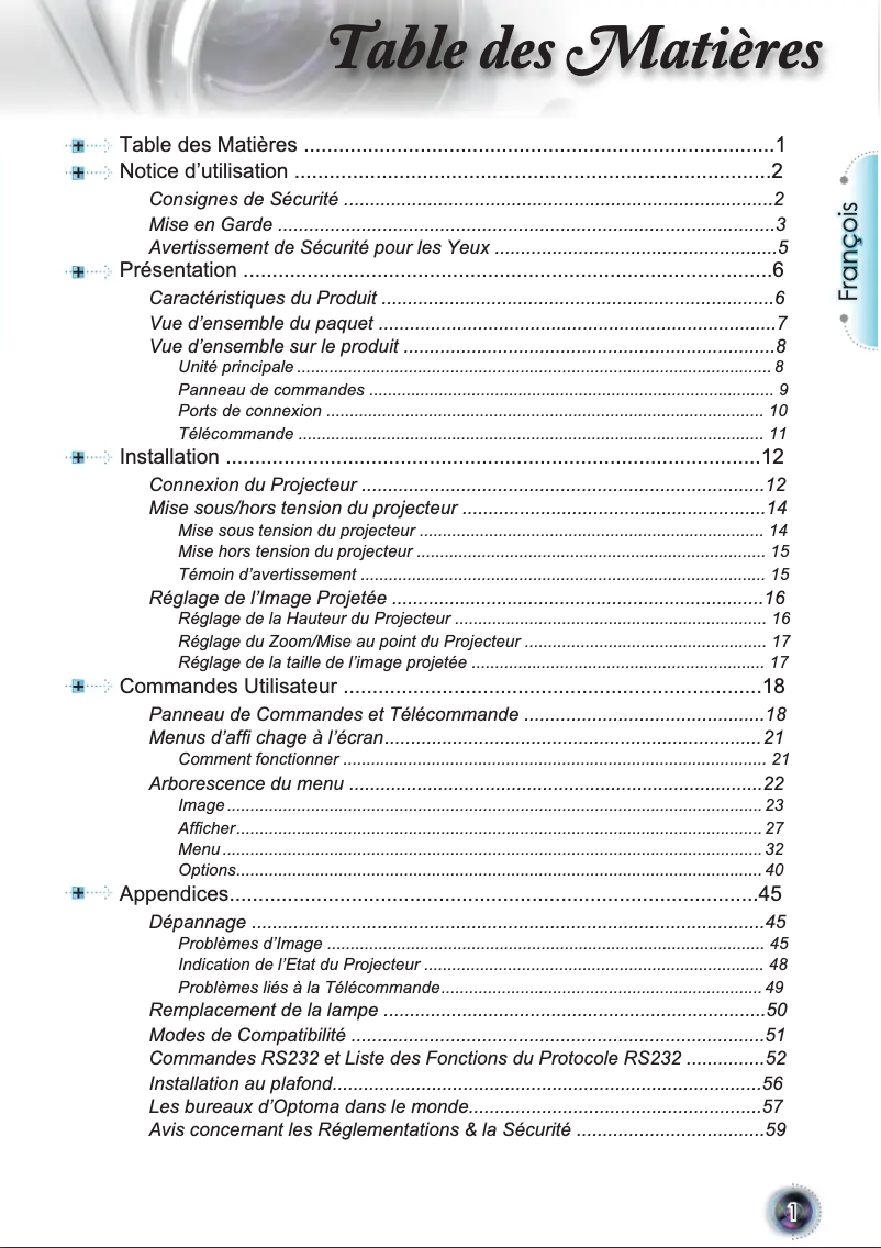 Page 1 de la notice Manuel utilisateur Optoma EP1080