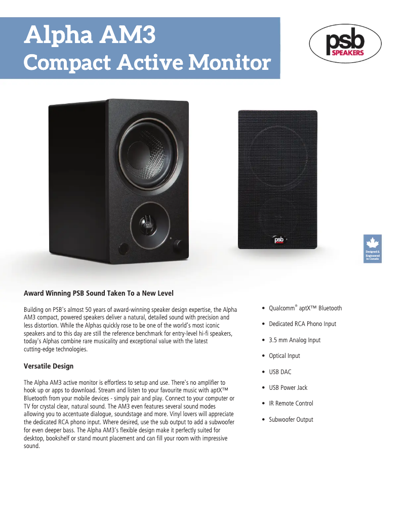 Page 1 de la notice Fiche technique PSB Alpha AM3