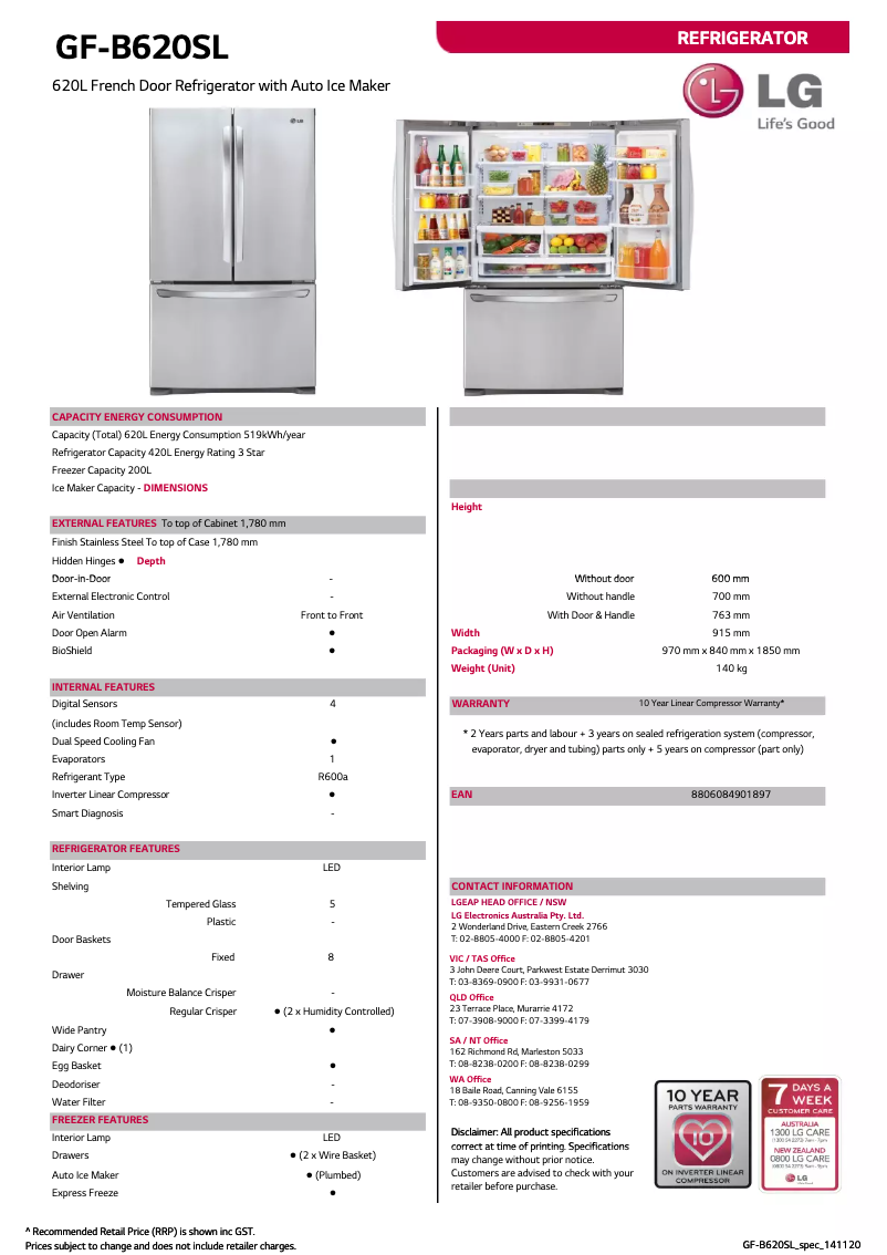 Page 1 de la notice Fiche technique LG GF-B620SL