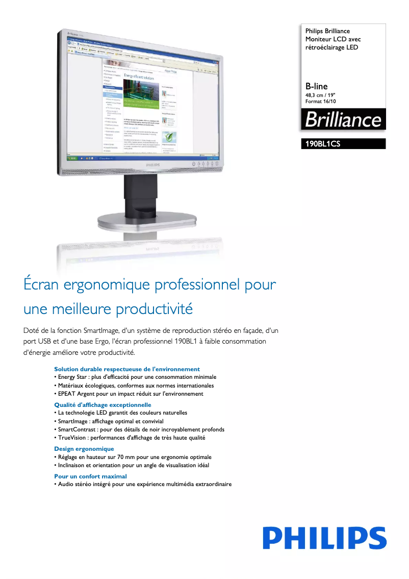 Page 1 of the manual Technical Sheet Philips Brilliance 190BL1CS