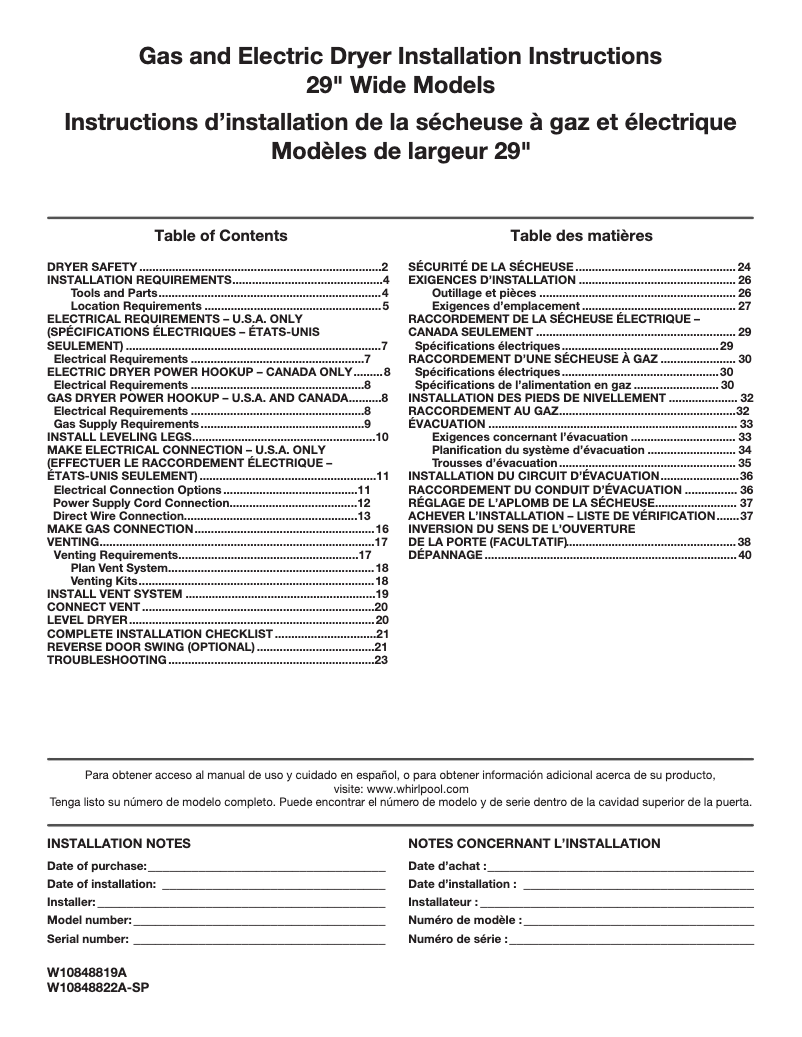 Page 1 de la notice Guide d'installation Whirlpool WED4985EW