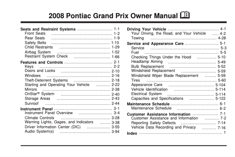 Page n°1 - Manuel utilisateur Pontiac Vibe (2008)