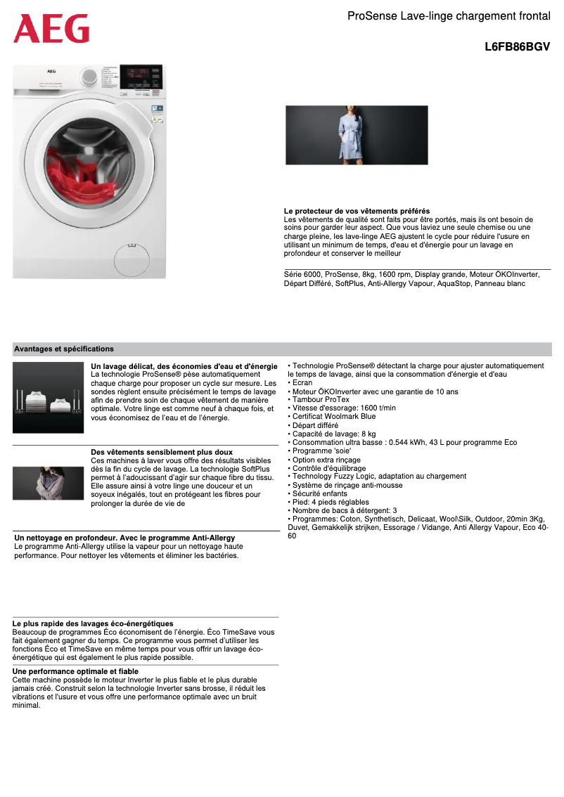 Page n°1 - Fiche technique AEG L6FB86BGV