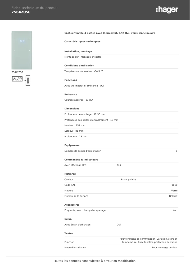 Page n°1 - Fiche technique Hager 75642050