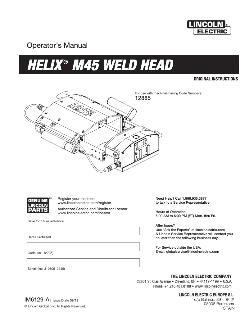 Imagen de la primera página del manual del dispositivo HELIX M45 Weld Head