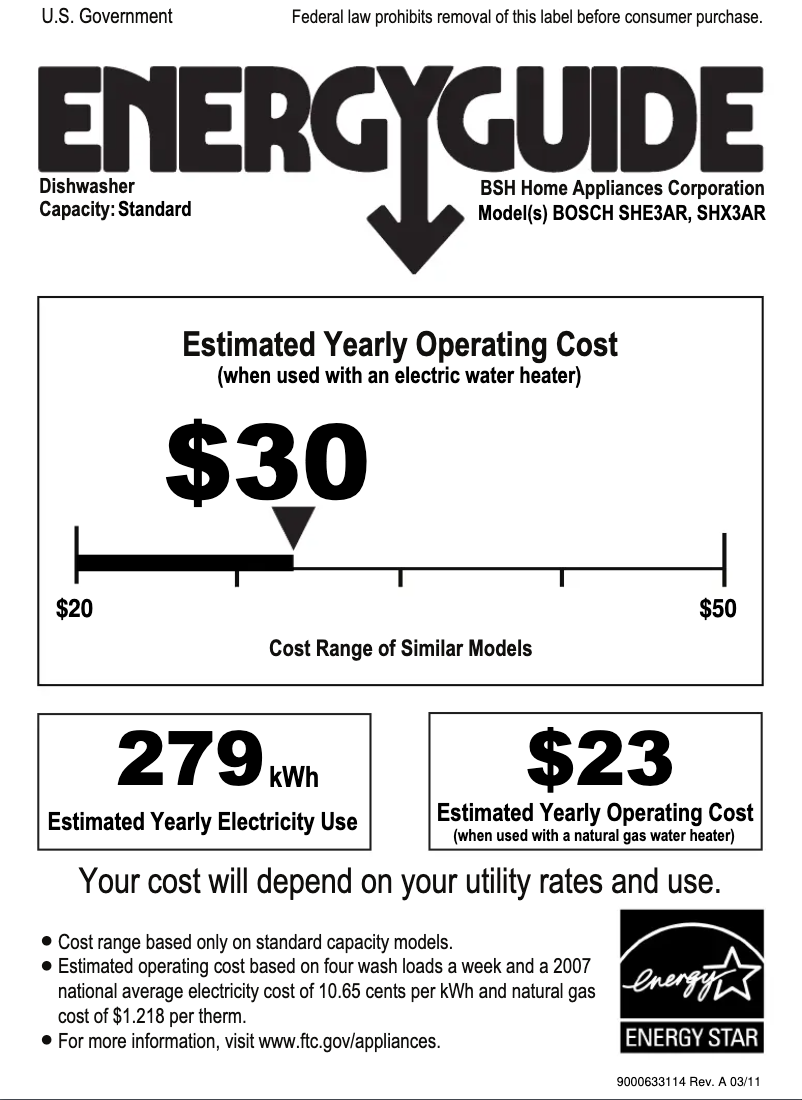 Page 1 de la notice Label énergétique Bosch SHE3AR7