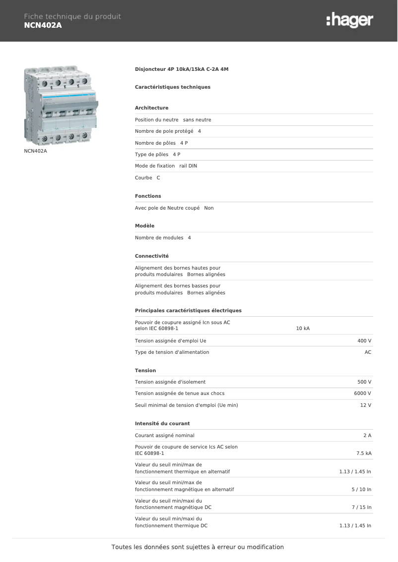Page 1 de la notice Manuel utilisateur Hager NCN402A