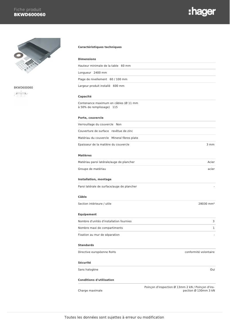 Page 1 de la notice Fiche technique Hager BKWD600060