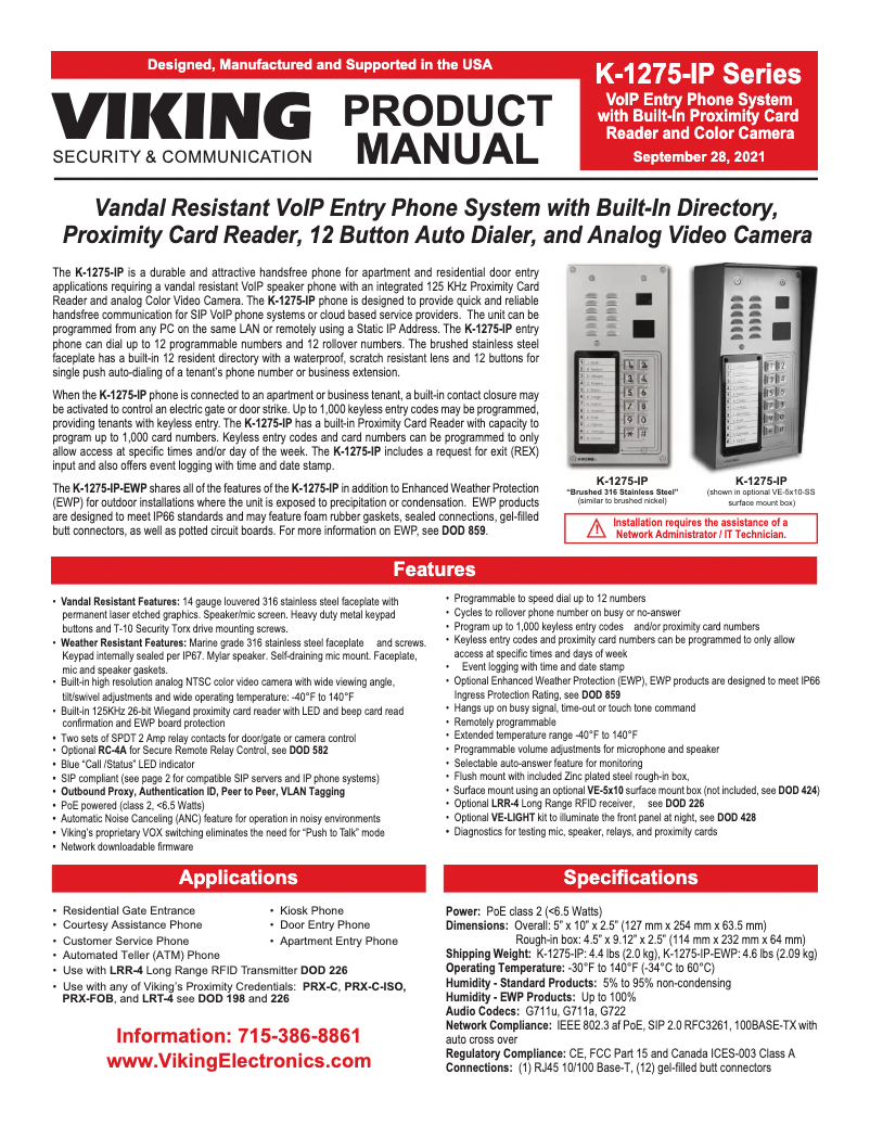 Page 1 of the manual User Manual Viking K-1275-IP-EWP
