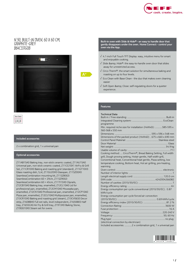 Page 1 de la notice Fiche technique Neff B64CS51G0B