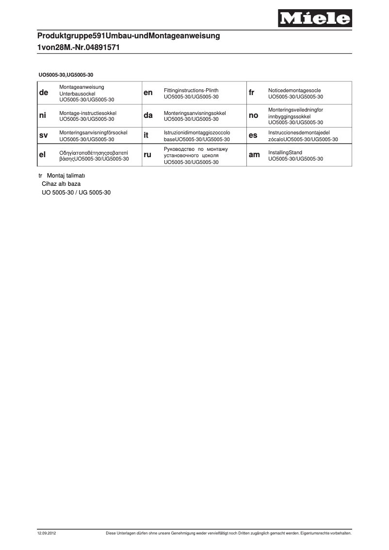 Page 1 de la notice Mode d'emploi Miele UO 5005-30