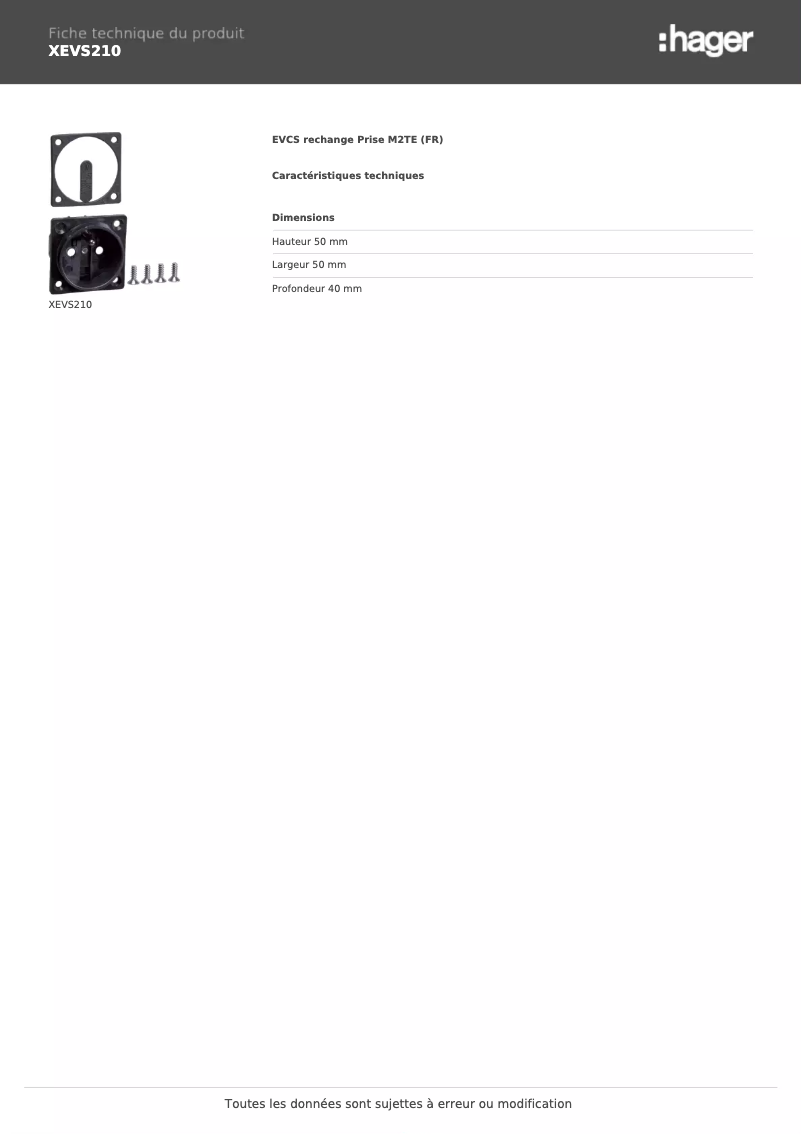 Page n°1 - Fiche technique Hager XEVS210