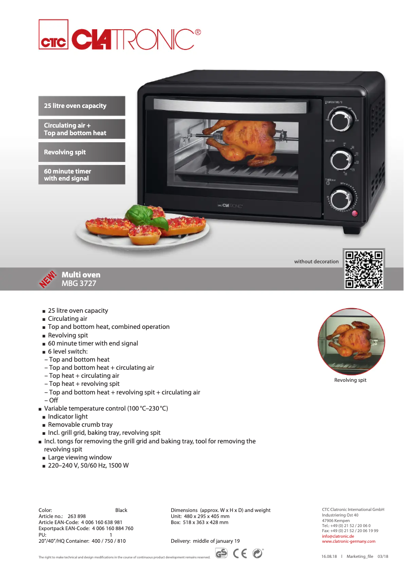 Page 1 de la notice Fiche technique Clatronic MBG 3727