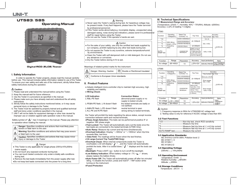 Page n°1 - Manuel utilisateur Uni-T UT585