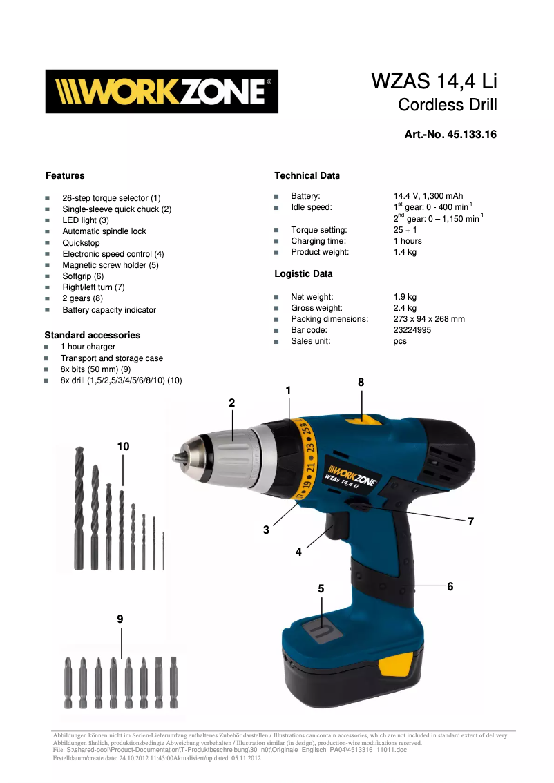 Page n°1 - Fiche technique Workzone WZAS 14,4 Li