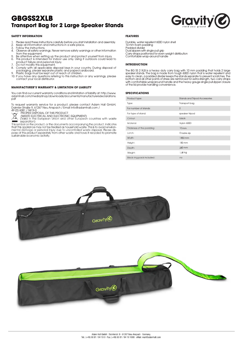 Page 1 de la notice Manuel utilisateur Gravity BG SS 2 XLB