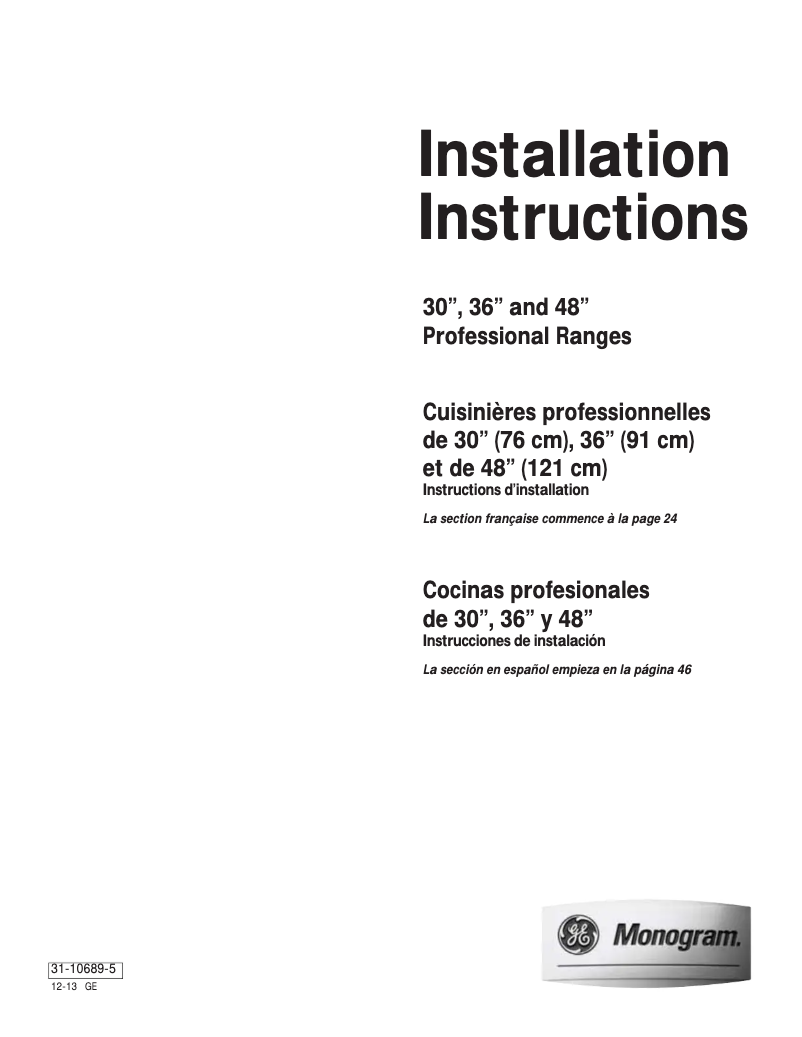 Page n°1 - Guide d'installation GE ZDP486LRPSS