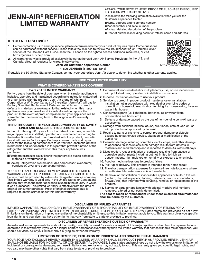 Page n°1 - Informations de garantie JennAir JUD24FRERS