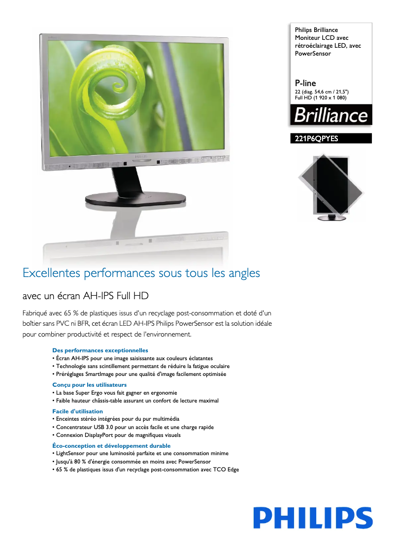 Page 1 de la notice Fiche technique Philips Brilliance 221P6QPYES