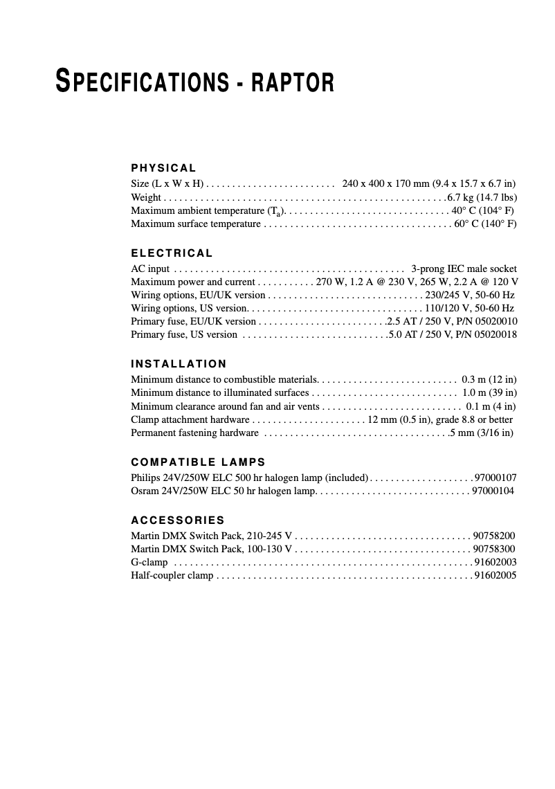Page 1 de la notice Fiche technique Martin Raptor
