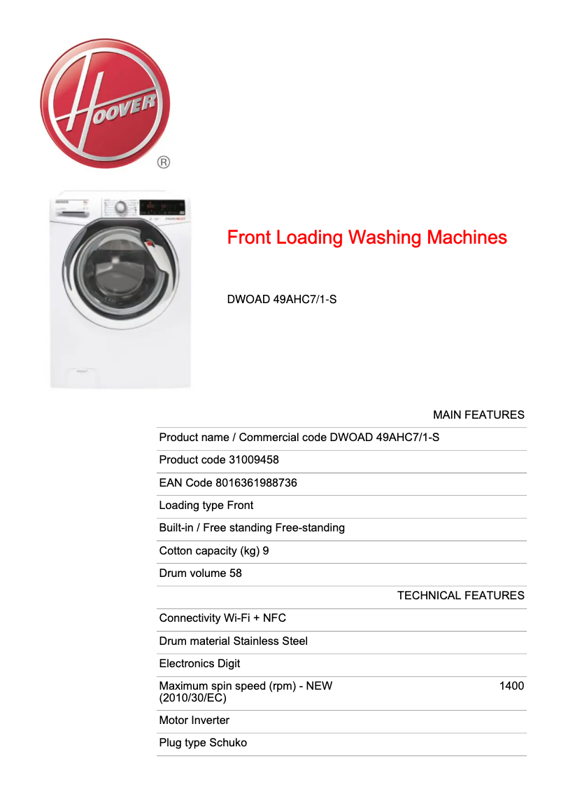 Page 1 de la notice Fiche technique Hoover DWOAD 49AHC7/1-S