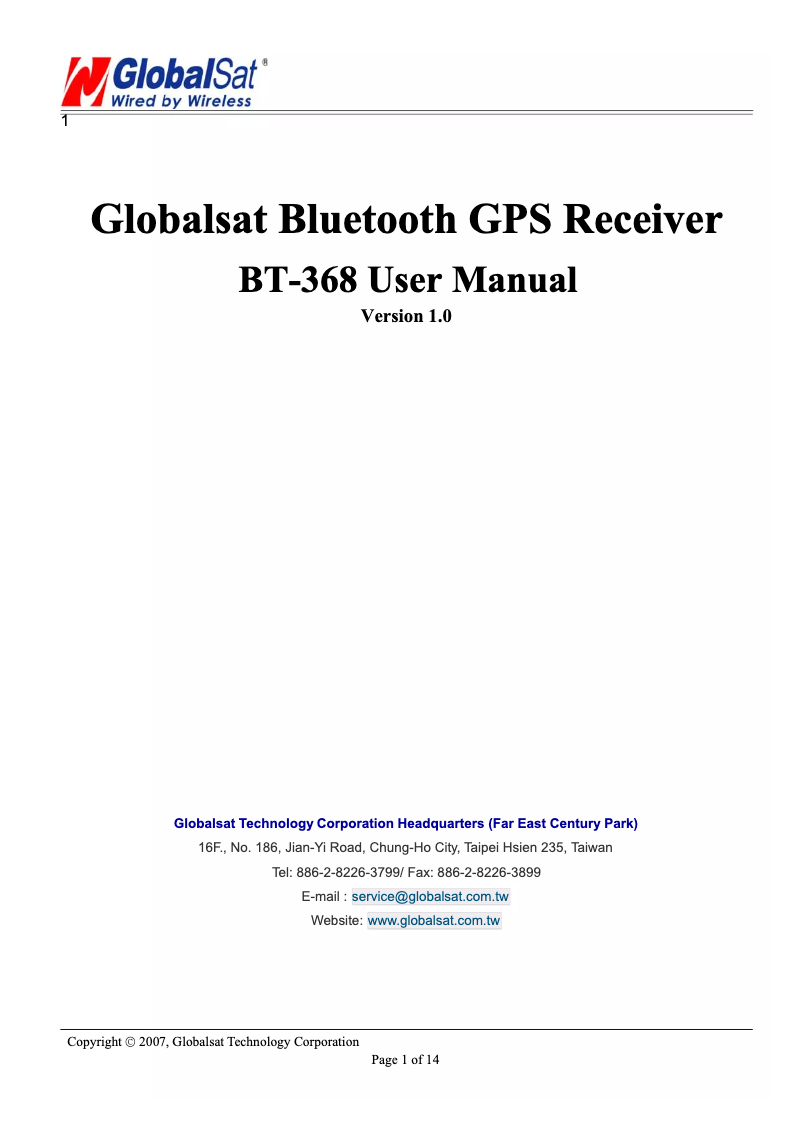 Page n°1 - Manuel utilisateur GlobalSat BT-368