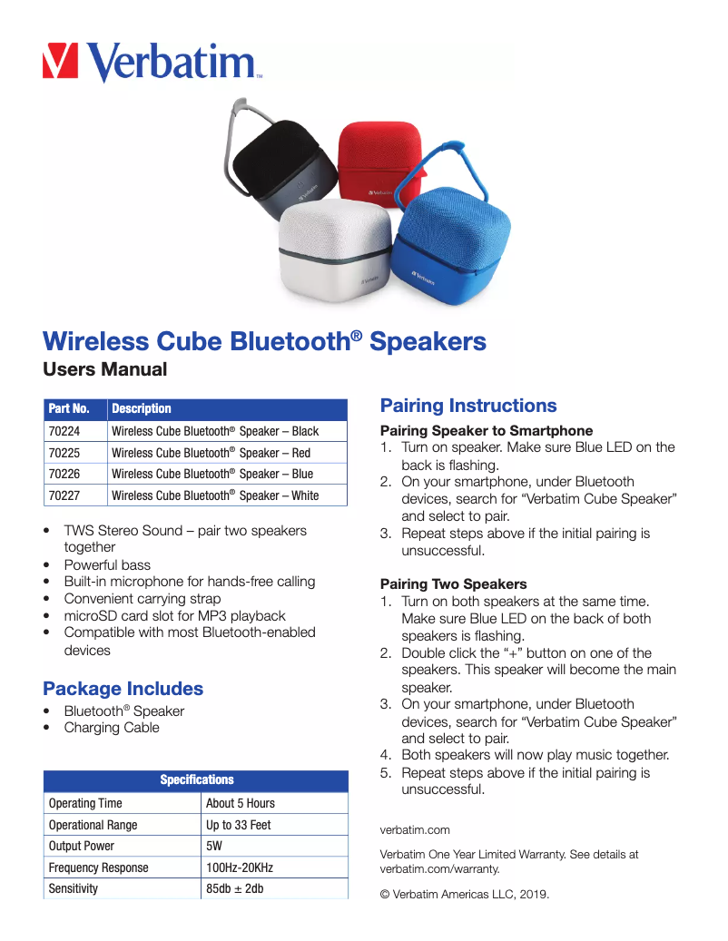 Page n°1 - Manuel utilisateur Verbatim Wireless Cube Bluetooth 70227