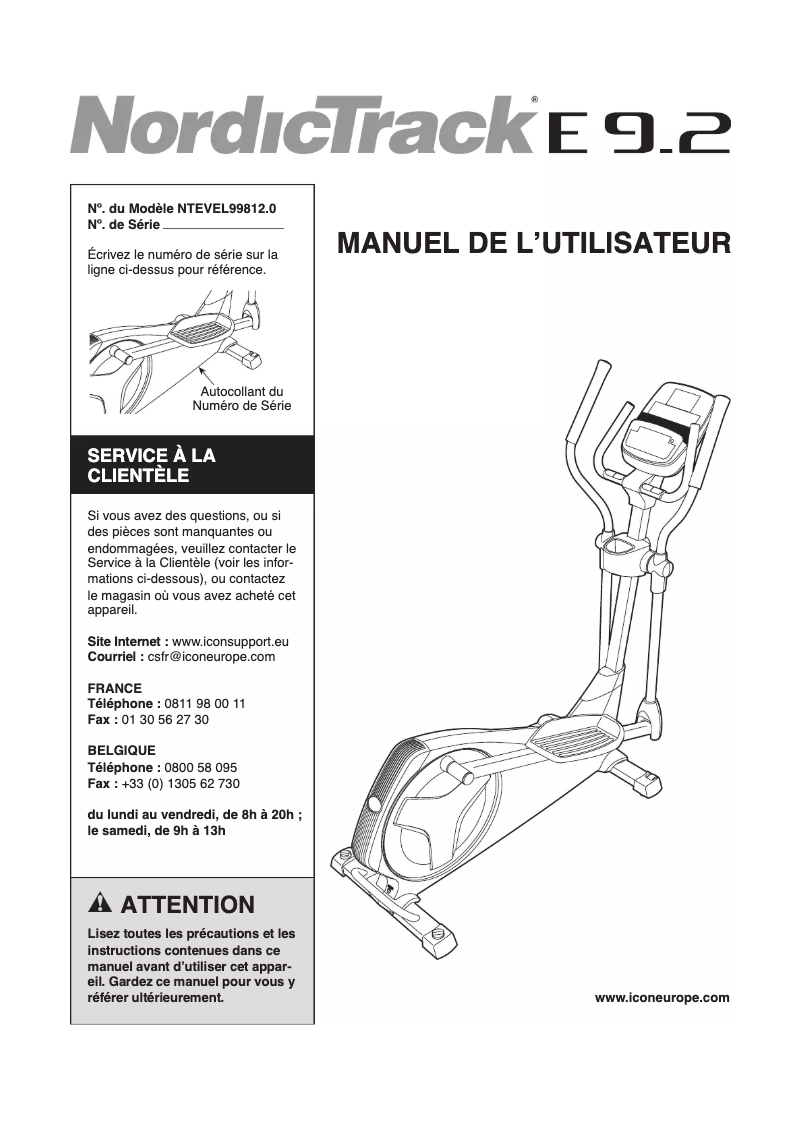 Page 1 de la notice Manuel utilisateur NordicTrack E9.2
