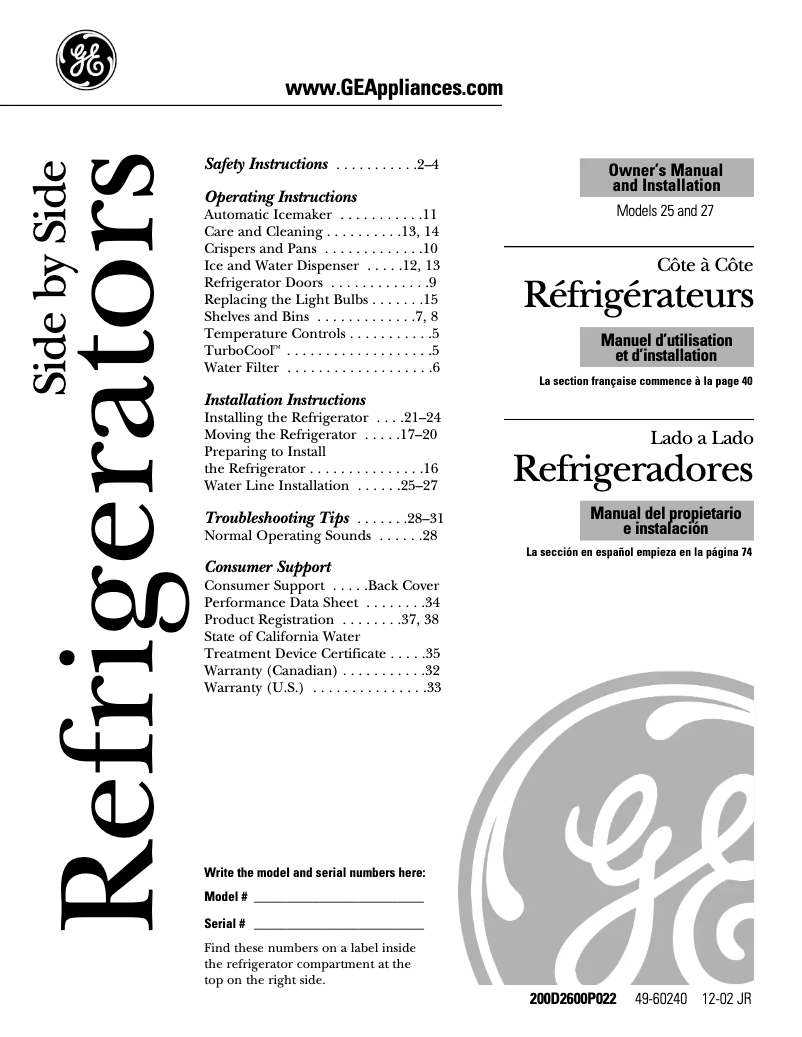 Page 1 de la notice Guide d'installation GE ESS25LSQSS