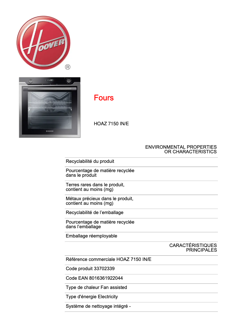 Page n°1 - Fiche technique Hoover VANITY HOAZ 7150 IN/E