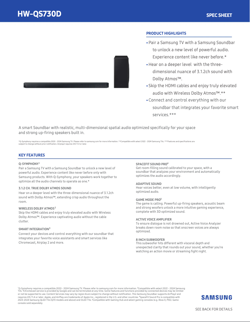 Page 1 de la notice Fiche technique Samsung HW-QS730D