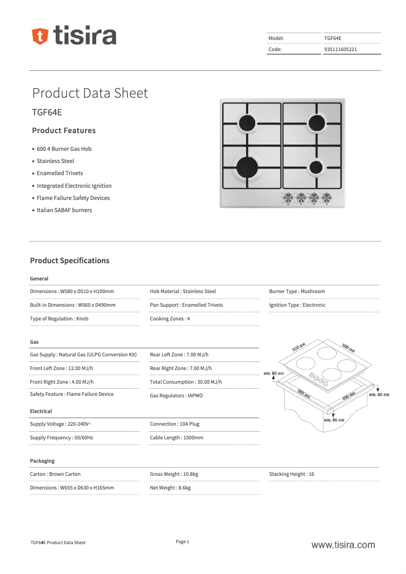 Page 1 de la notice Fiche technique Tisira TGF64E