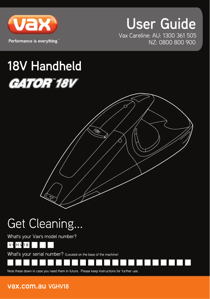 Page n°1 - Manuel utilisateur Vax Gator 18V VGHV18