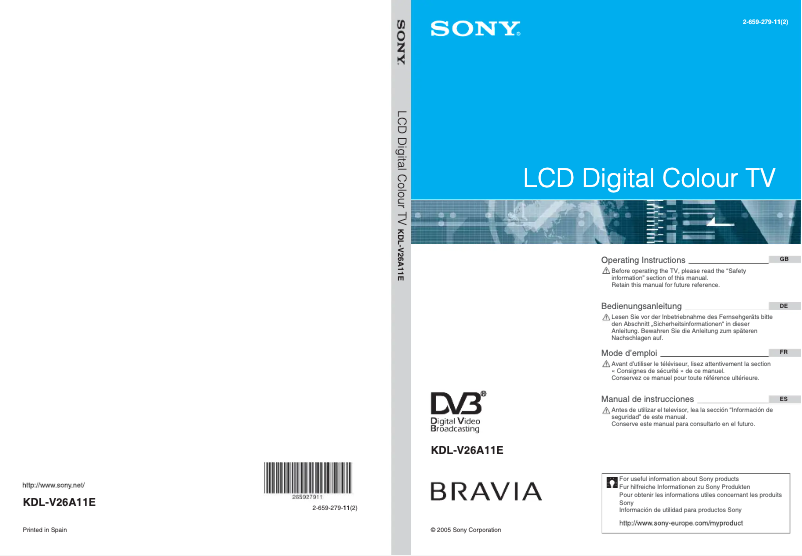 Page 1 de la notice Manuel utilisateur Sony Bravia KDL-V26A11E