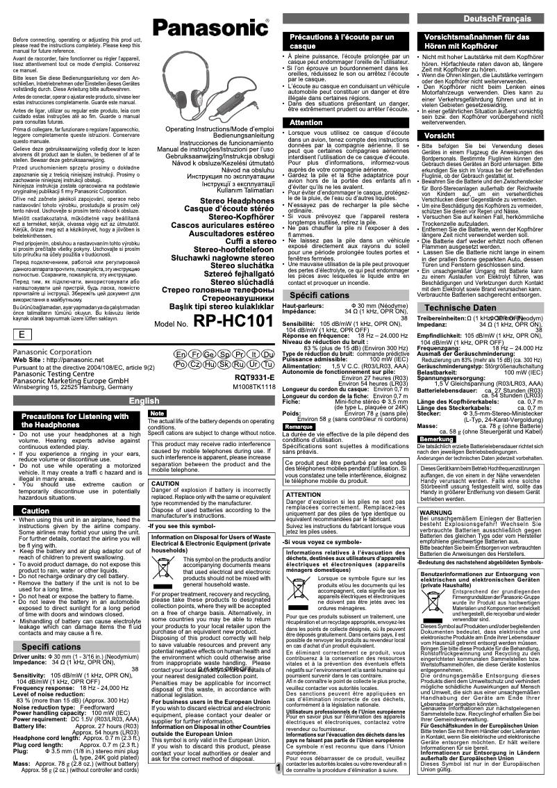 Page 1 de la notice Manuel utilisateur Panasonic RP-HC101