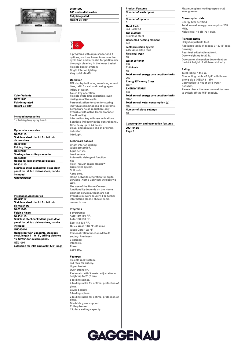 Page n°1 - Fiche technique Gaggenau DF211700